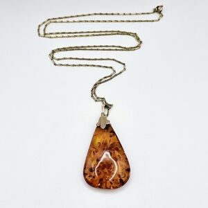 Vintage Baltic Amber Large Teardrop Pendant Gold Tone Necklace Signed Amerik FBM